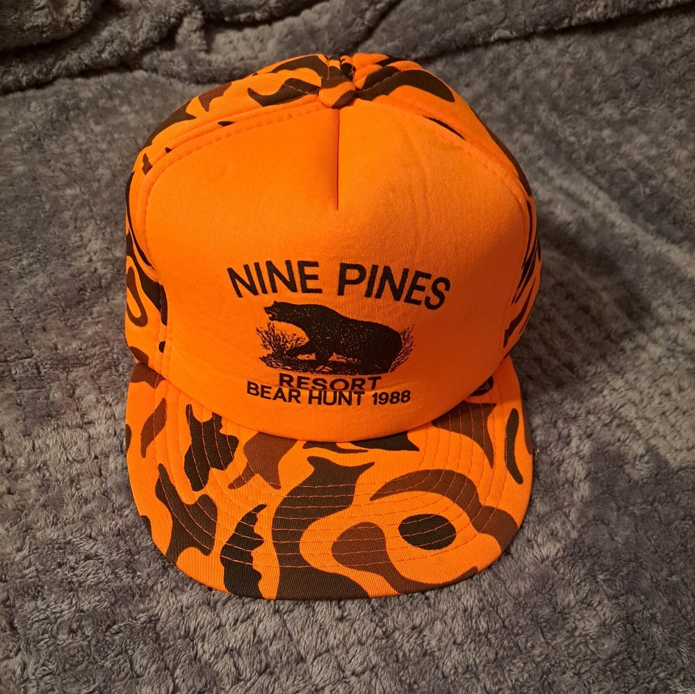 Vintage 1988 orange camo. Nine Pines Resort Bear Hunt hat.  Great condition